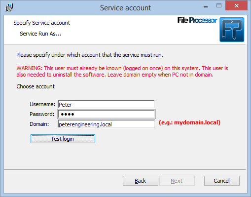 File Processor installation run service as user